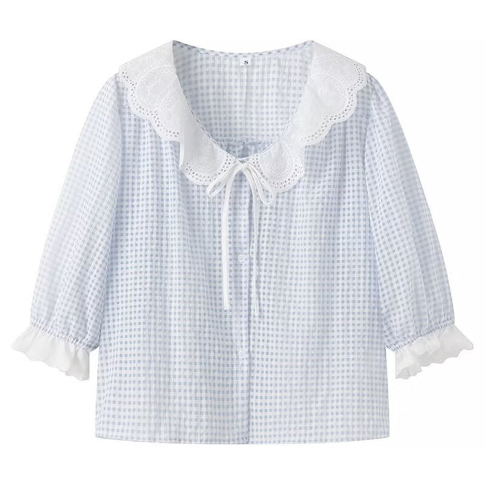 Contrast Color Doll Collar Plaid Shirt Women Summer Loose Slimming Shirt Puff Sleeve Short Sleeve Top