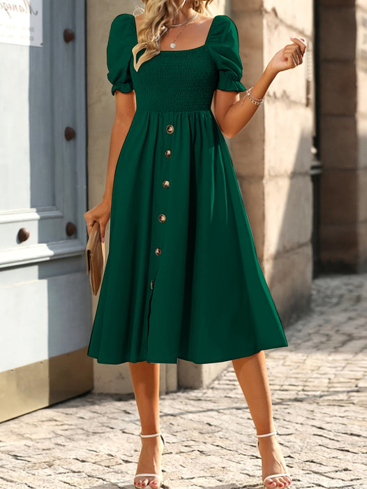 Women Summer Solid Button Elegant A Line Dress