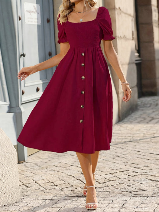 Women Summer Solid Button Elegant A Line Dress