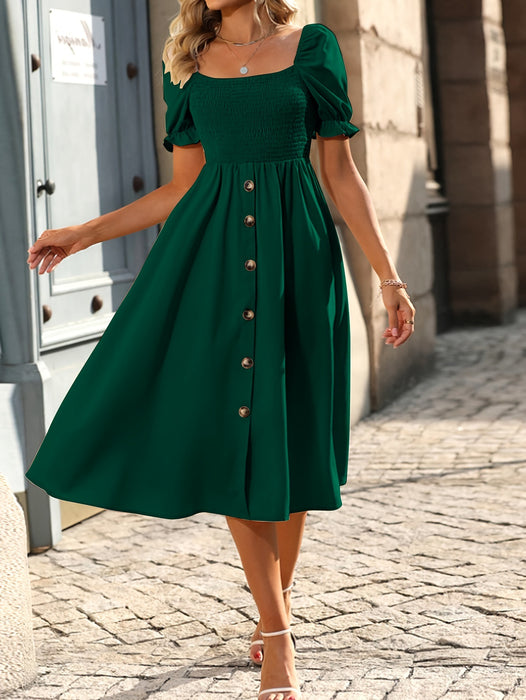 Women Summer Solid Button Elegant A Line Dress