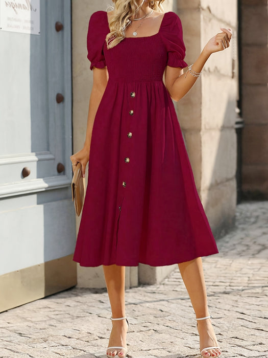 Women Summer Solid Button Elegant A Line Dress