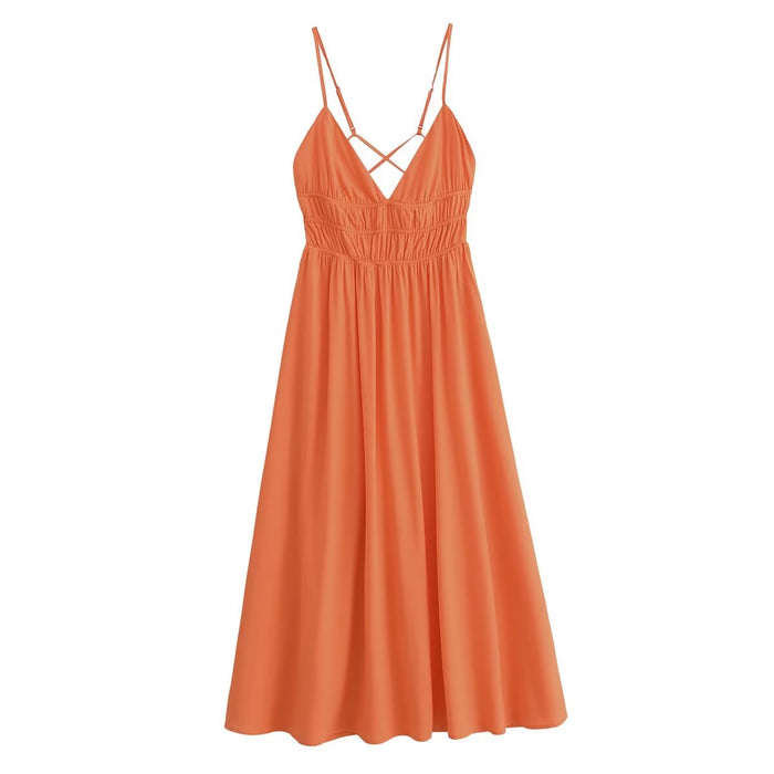 Spring Summer Orange Suspender Waist Strapless Dress Long Dress