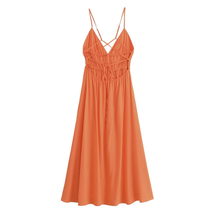 Spring Summer Orange Suspender Waist Strapless Dress Long Dress