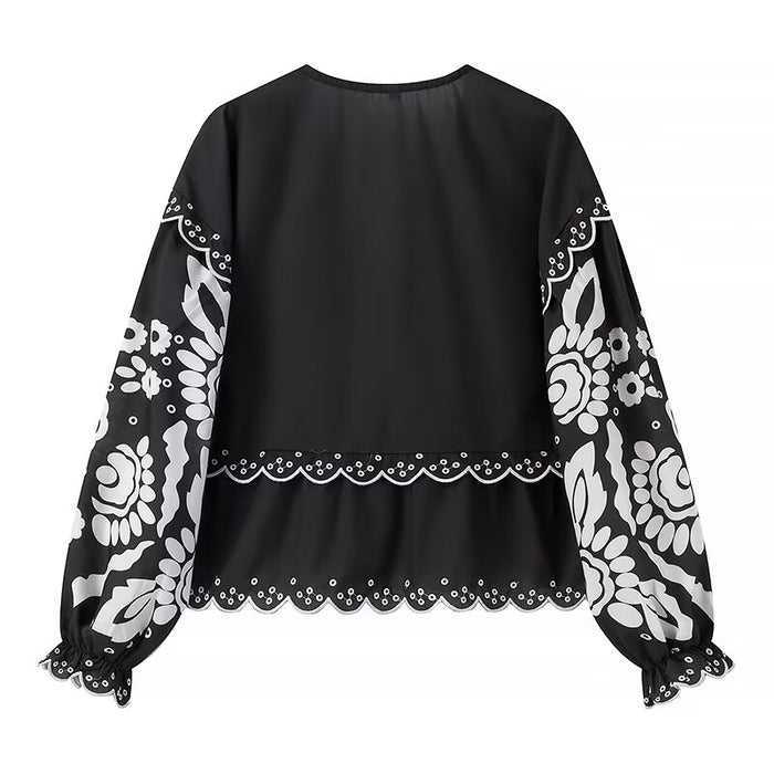 Lace Embroidered Long Sleeved Shirt V Neck Lace Up Loose Personality Hollow Out Cutout Out Cardigan