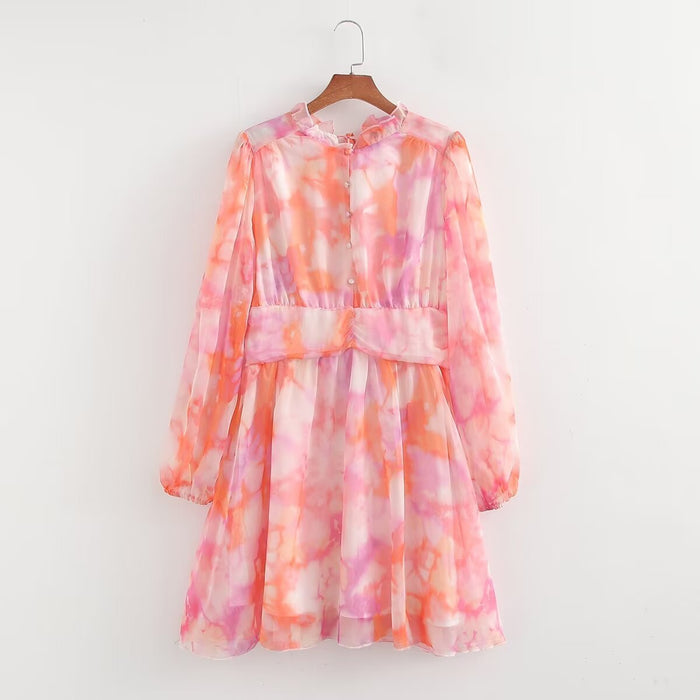 Spring Autumn Retro Socialite Long Sleeve round Neck Waist Trimming Slimming A line Printed Chiffon Dress Elegant Dress