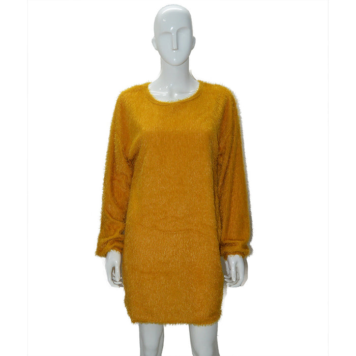 Autumn Winter Women Clothes Mid Length Long Sleeve Round Neck Loose Plush Dress