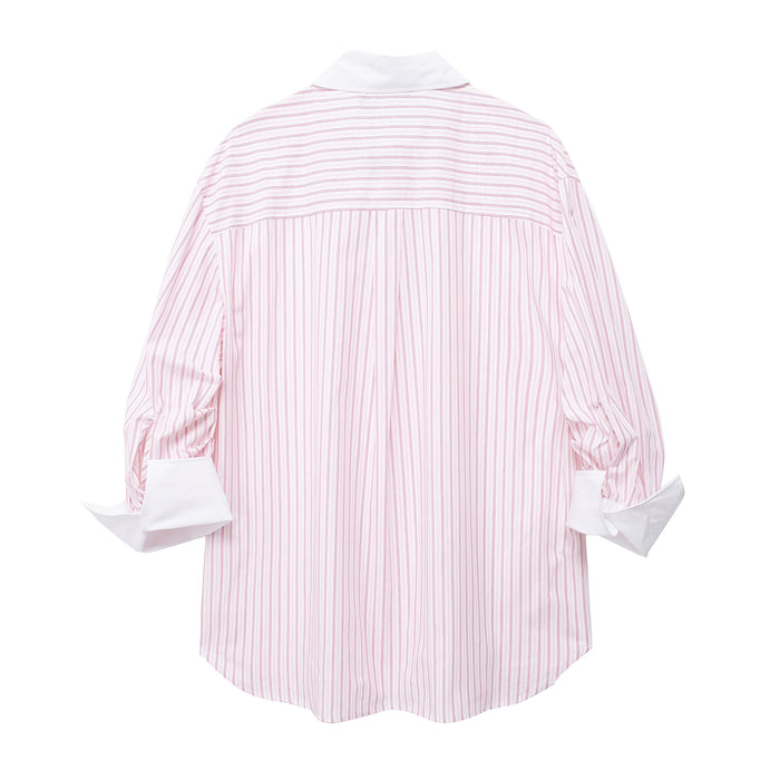 Women Clothing Striped Poplin Loose Long Sleeve Shirt Striped High Waist Casual Shorts Suit