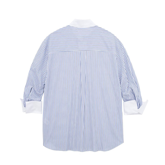 Women Clothing Striped Poplin Loose Long Sleeve Shirt Striped High Waist Casual Shorts Suit