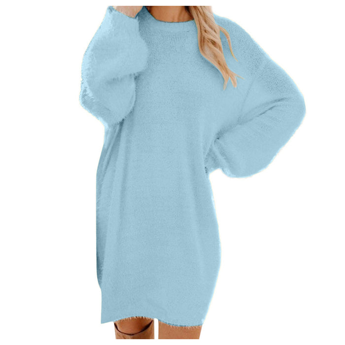 Autumn Winter Women Clothes Mid Length Long Sleeve Round Neck Loose Plush Dress