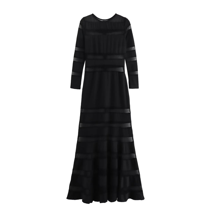 Summer Women Clothing Elegant Slightly Mature Black Panel Long Sleeve Dress