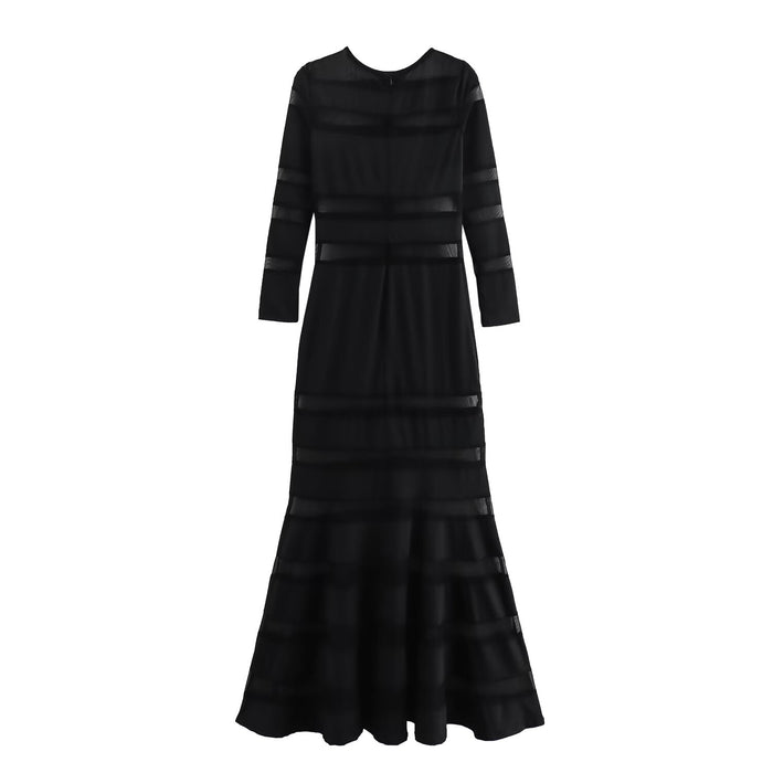 Summer Women Clothing Elegant Slightly Mature Black Panel Long Sleeve Dress