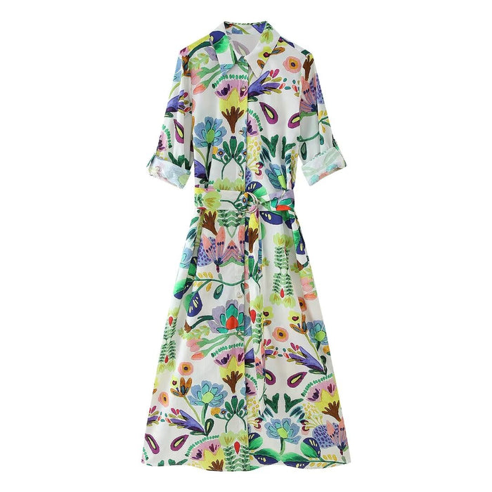 Spring Floral Print Poplin Shirt With Belt Dress Amplified craft