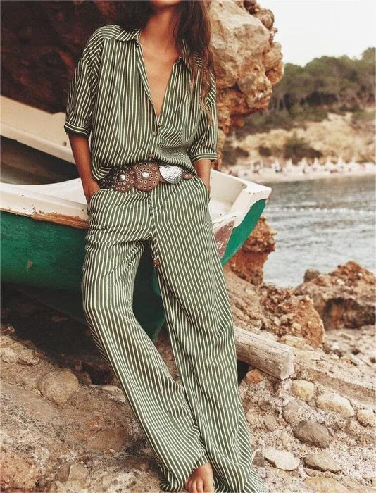 Women Clothing Summer Linen Blended Striped Shirt Wide Leg Pants Suit