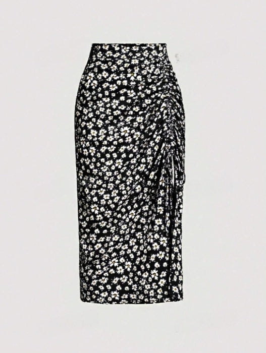 Summer High Waist Small Chrysanthemum Printed Drawstring Slit Sheath Skirt Women