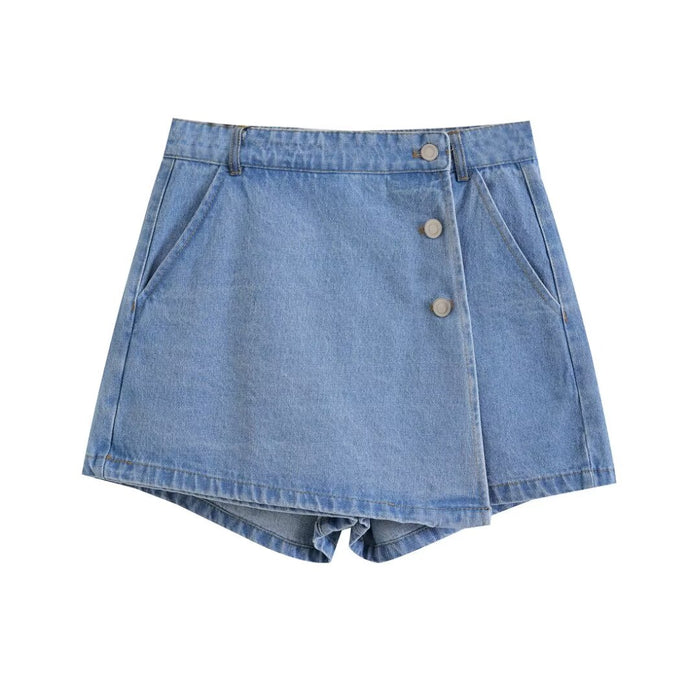 Summer Double Breasted Buckle All Match Denim Short Pantskirt Women