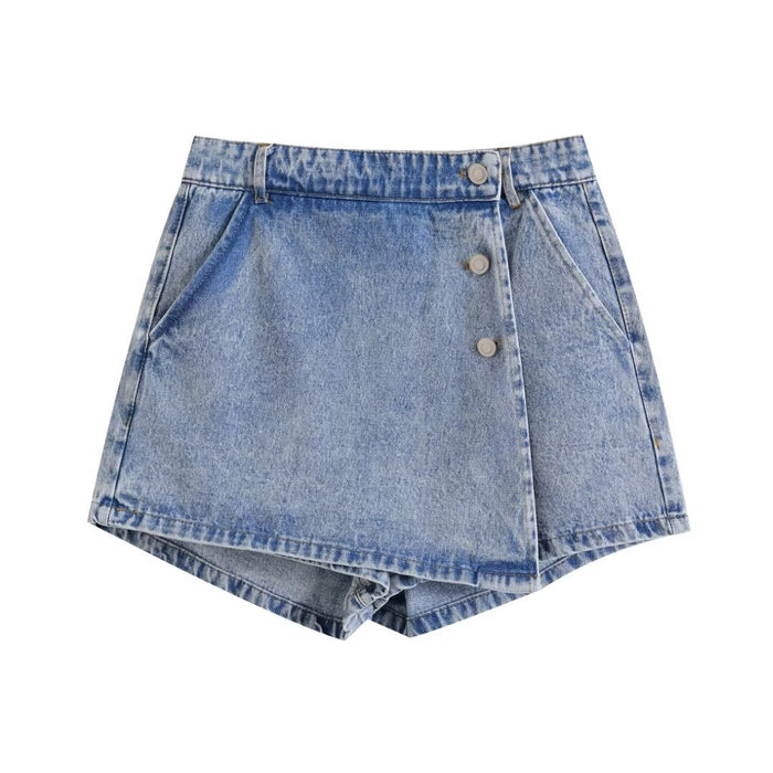 Summer Double Breasted Buckle All Match Denim Short Pantskirt Women