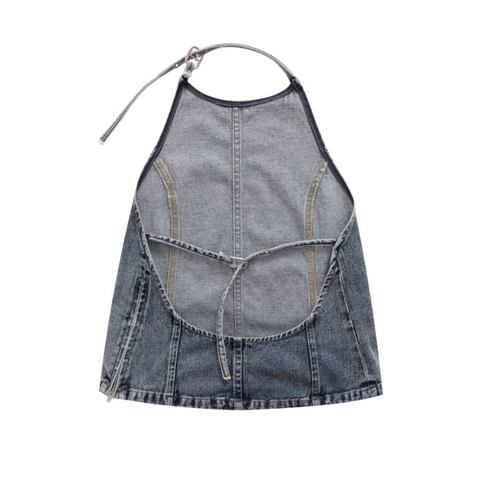 Summer Street Backless Denim Hanging Collar Top