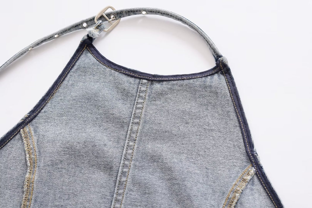 Summer Street Backless Denim Hanging Collar Top