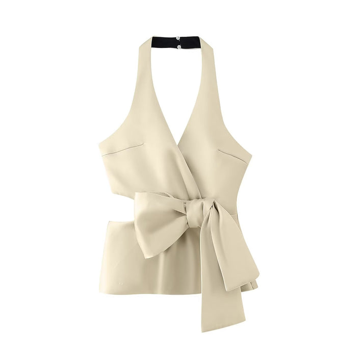 Summer Sexy Halter Bow Decoration Satin Texture Vest Top for Women