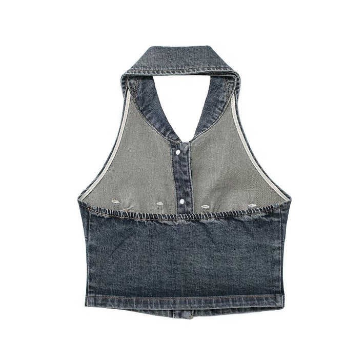 Women Clothing Halter Backless Short Denim Shirt Top