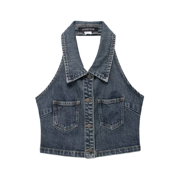 Women Clothing Halter Backless Short Denim Shirt Top