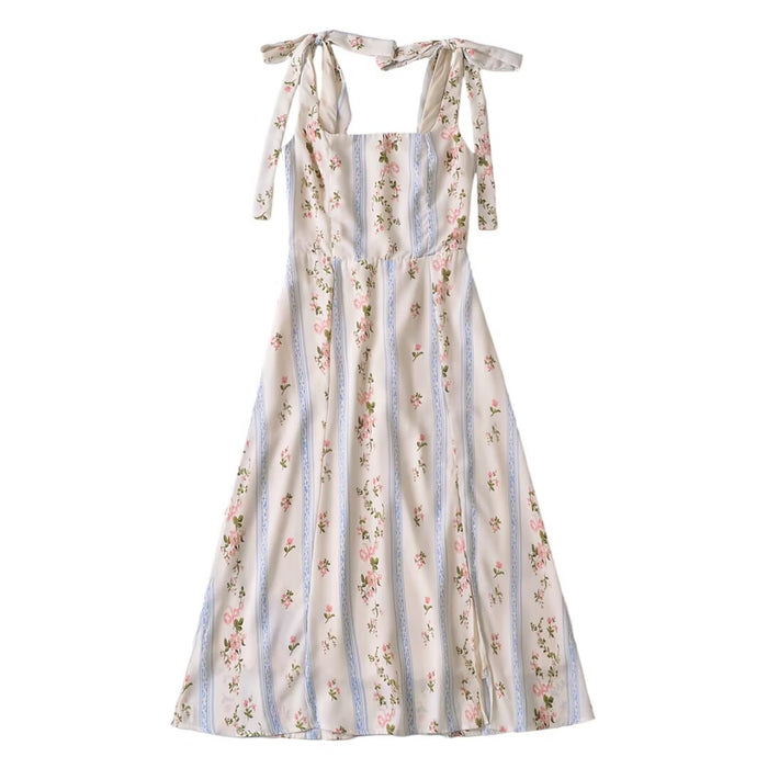 Summer French Small Floral Print Slim Fit Slimming Sexy Side Split Strap Strap Dress