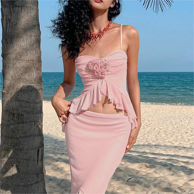 Vacation Spaghetti Straps Top Mid Length Skirt Set Summer Slim Fit Cropped Two Piece Set