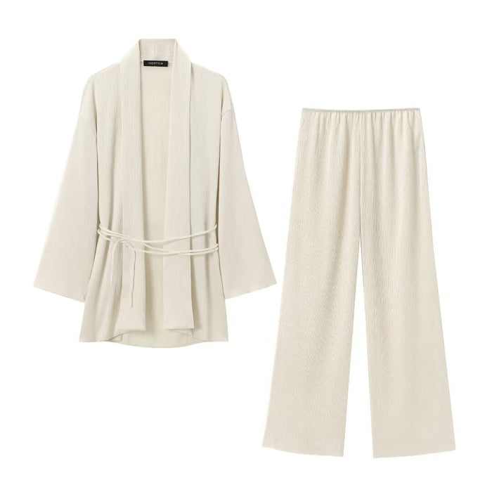 Women With Belt Pleated Kimono Coat Small Pleated Pants