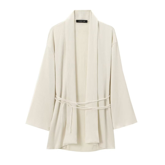 Women With Belt Pleated Kimono Coat Small Pleated Pants