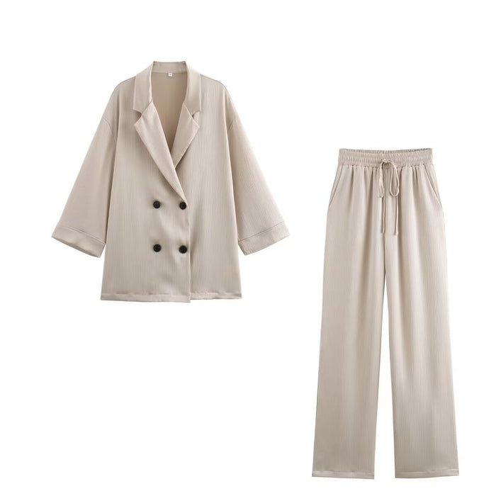 Women Clothing Wrinkle Effect Double Breasted Blazer High Waist Trousers Set