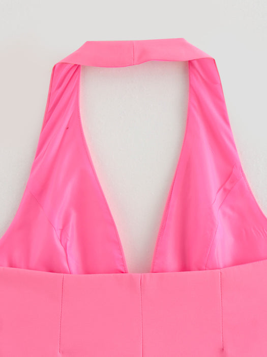 Pink Sleeveless Halter Button Sexy Slim Fit Backless Vest