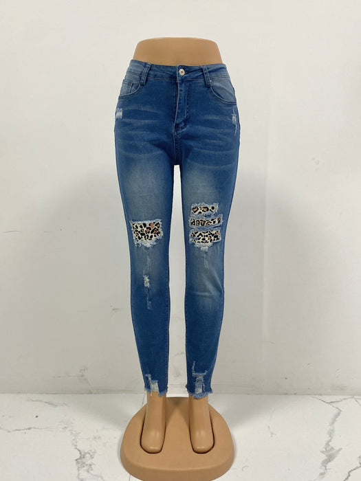 Spring Ripped Leopard Patch Slim Fit Slimming Mid Waist Washed Skinny Jeans for Women