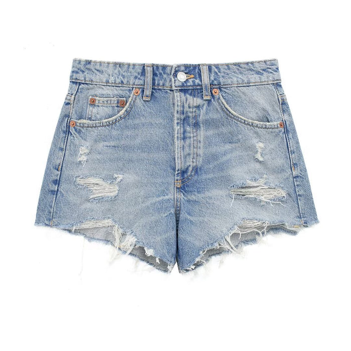 Women Clothing French Perforated Hole Decoration High Waist Casual Denim Shorts