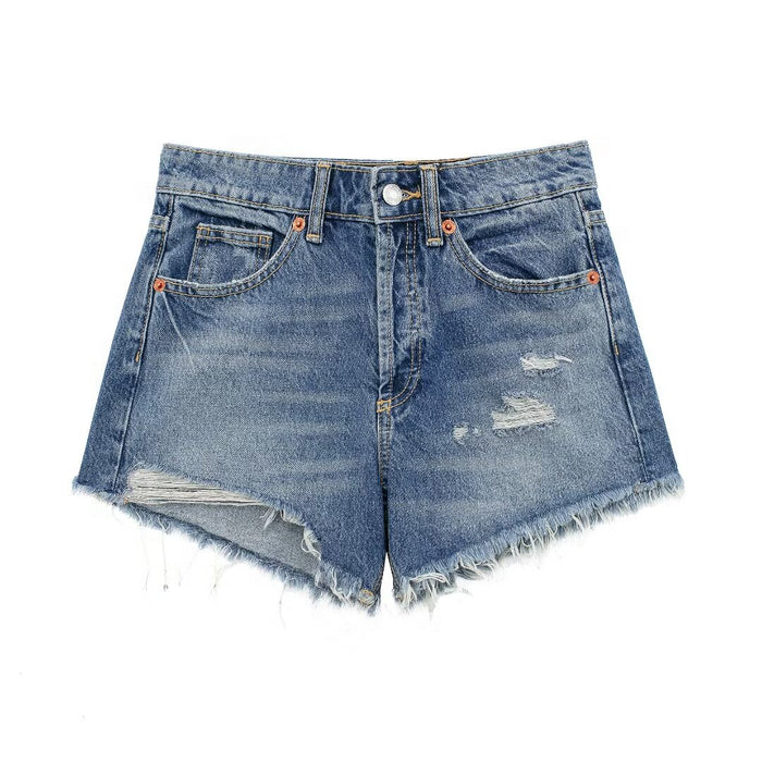 Women Clothing French Perforated Hole Decoration High Waist Casual Denim Shorts