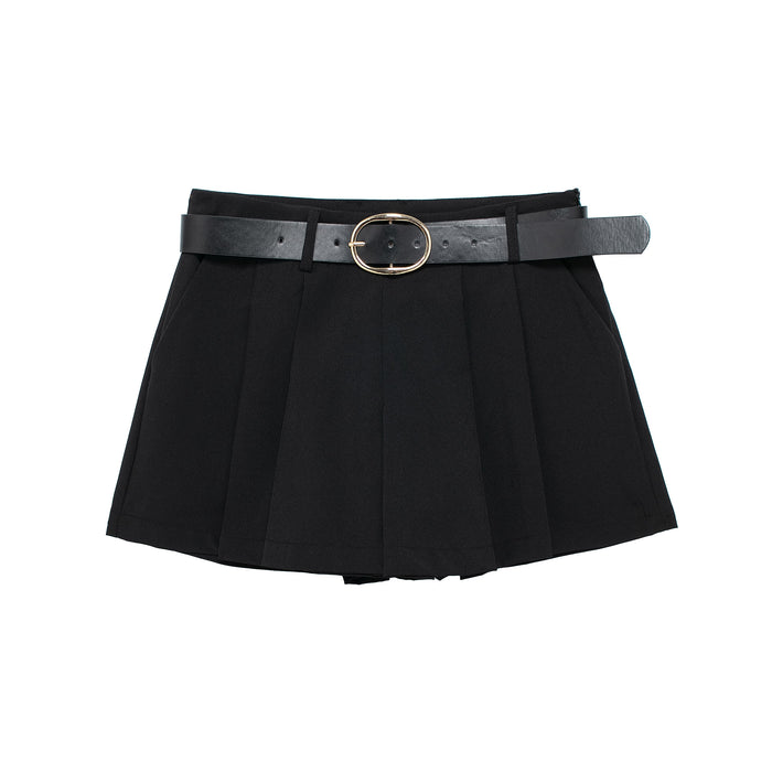 Women Solid Color With Belt Pleated High Waist Casual Shorts