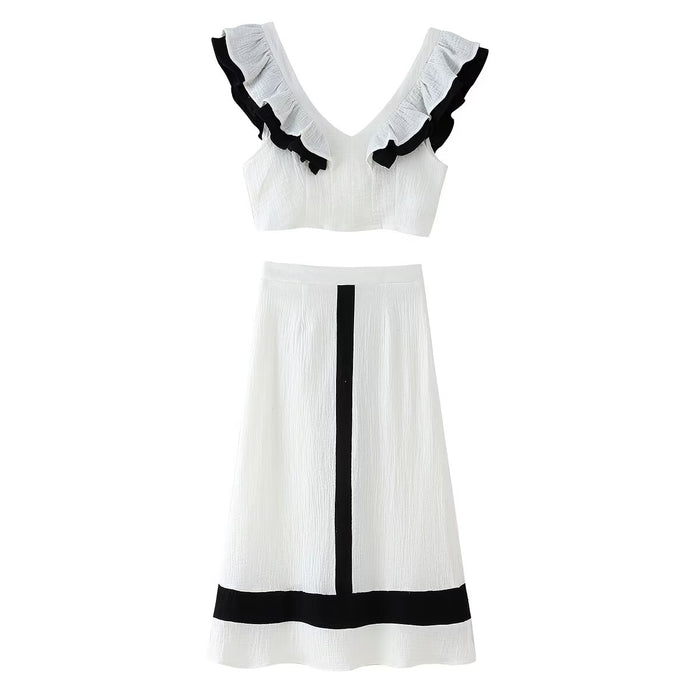 Spring Elegant V neck Sleeveless Ruffled Color Contrasting Stripe Vest Skirt Sets for Women