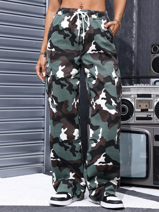 Straight Mop Casual Jeans Spring Summer Retro Camouflage Straight Drawstring Straight Leg Pants Women