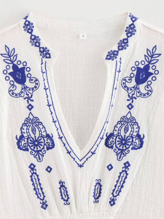 Women Cotton Fabric Beaded Embroidered V neck Long Sleeve Shirt Top