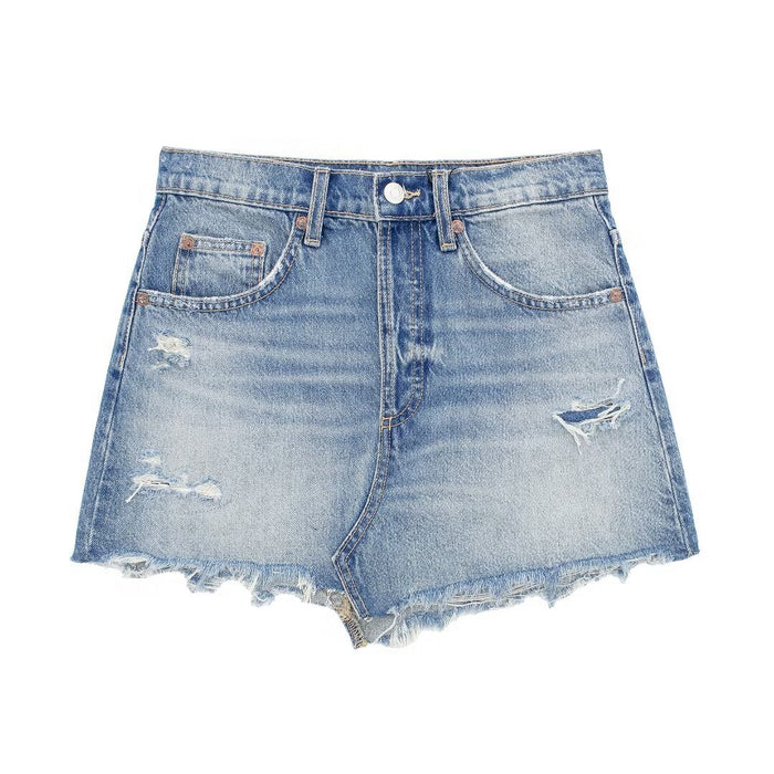 Women Clothing Spring Summer All Match Ripped Rough Selvedge Decoration Denim Shorts