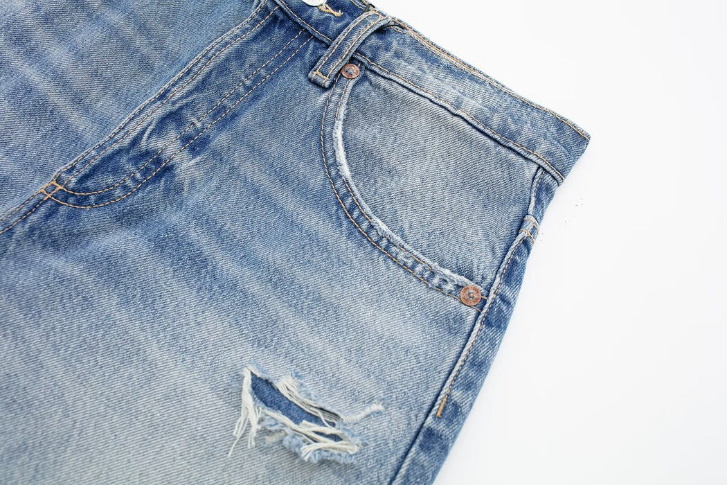 Women Clothing Spring Summer All Match Ripped Rough Selvedge Decoration Denim Shorts