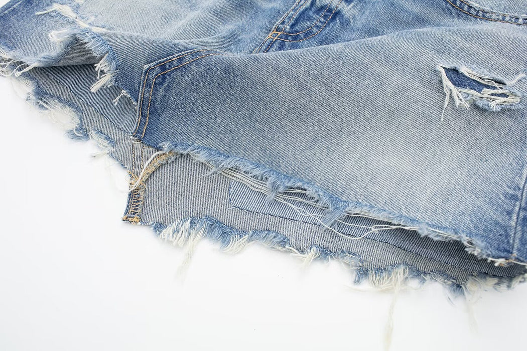 Women Clothing Spring Summer All Match Ripped Rough Selvedge Decoration Denim Shorts