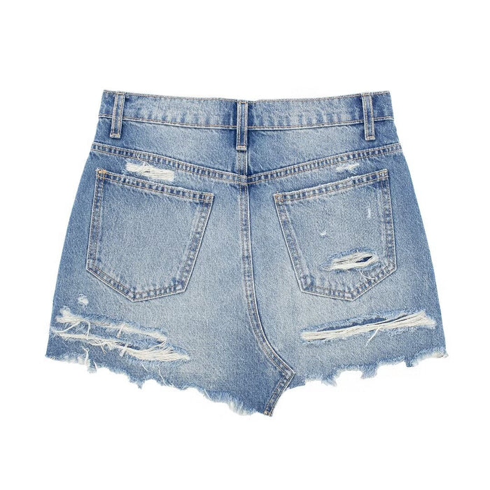 Women Clothing Spring Summer All Match Ripped Rough Selvedge Decoration Denim Shorts