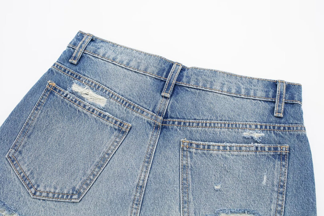 Women Clothing Spring Summer All Match Ripped Rough Selvedge Decoration Denim Shorts