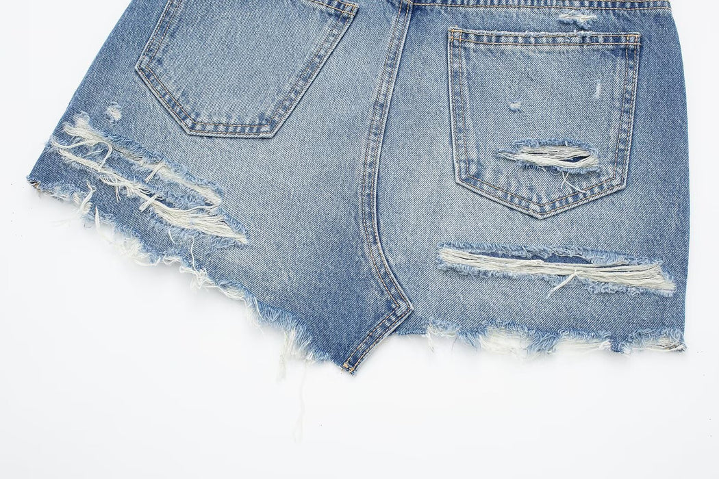 Women Clothing Spring Summer All Match Ripped Rough Selvedge Decoration Denim Shorts