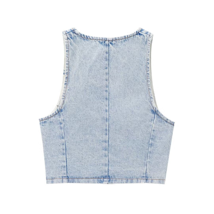 Summer Women Sleeveless V Neck Denim Jacket High Waist Mini Skirt