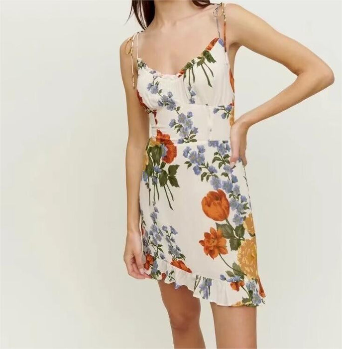 Summer Women Floral Print High Waist Sexy Side Split Hem Sling Dress