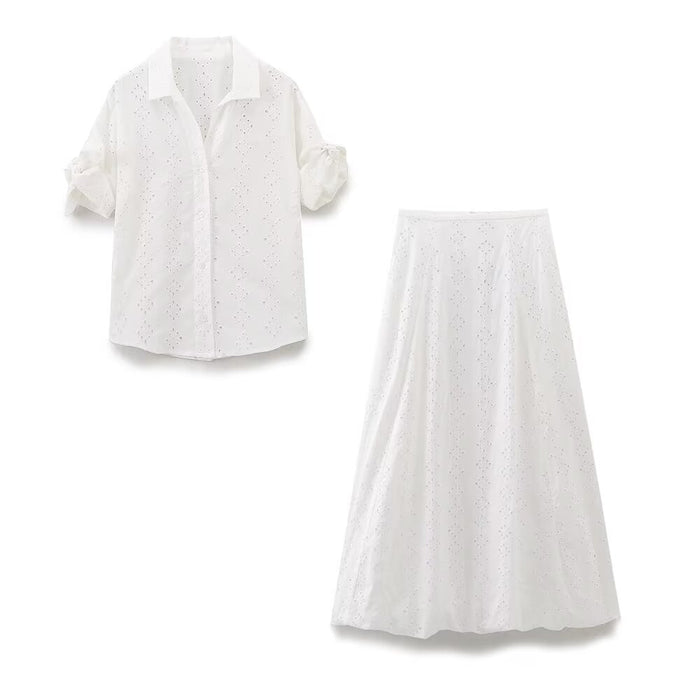 Women Clothing Summer Hollowed out Embroidery Shirt Skirt Set