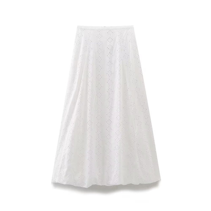 Women Clothing Summer Hollowed out Embroidery Shirt Skirt Set