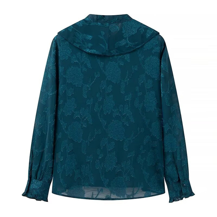 Summer Casual Women Ruffled Decorative Hollow Out Cutout Round Neck Chiffon Jacquard Loose Shirt Top