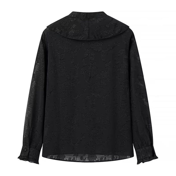 Summer Casual Women Ruffled Decorative Hollow Out Cutout Round Neck Chiffon Jacquard Loose Shirt Top